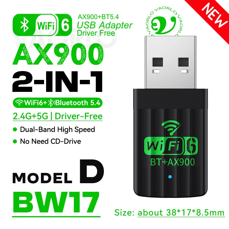 2 IN 1 WIFI6 AX900 USB WiFi Bluetooth 5.4 Wireless Adapter Dual Band 2.4G+5GHz 900Mbps Network Card Receiver Dongle For Win10/11 Oasis Select WIFI6 BT5.4 BW17