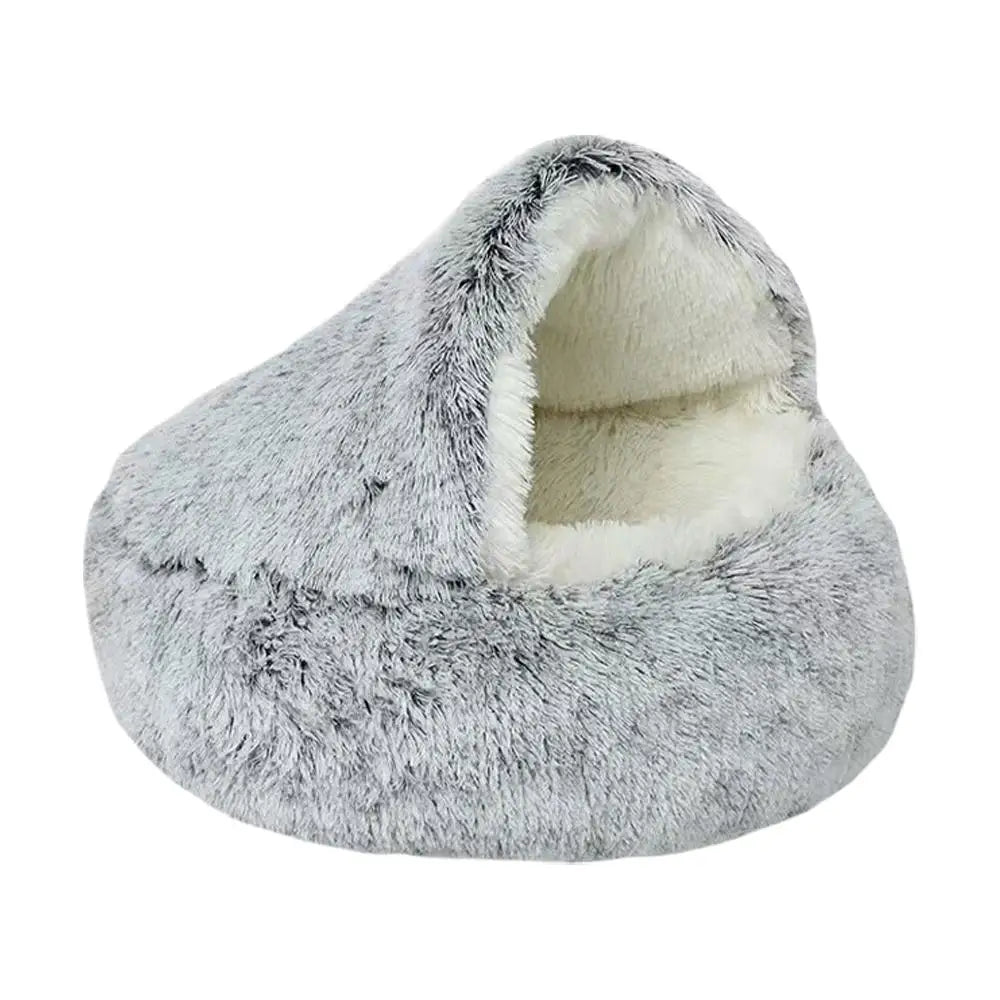 Winter Plush Round Cat Bed – Warm Semi-Enclosed Pet Nest