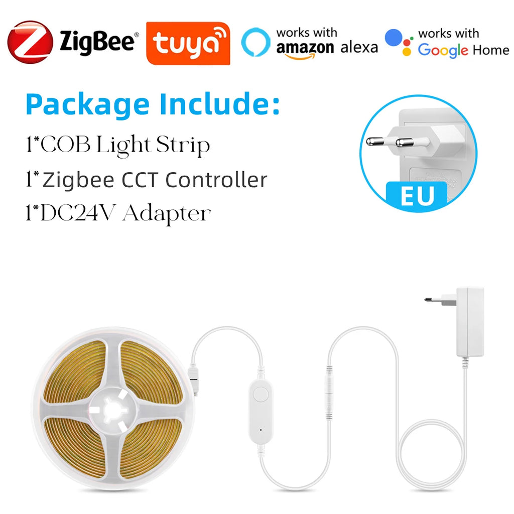 Zigbee COB LED Strip Light 24V Dimmable Color Temperature 2700K-6500K Change Cabinet Backlight Tape Works with Tuya Alexa Google Oasis Select European Power Plug 2700K To 6500K 3m