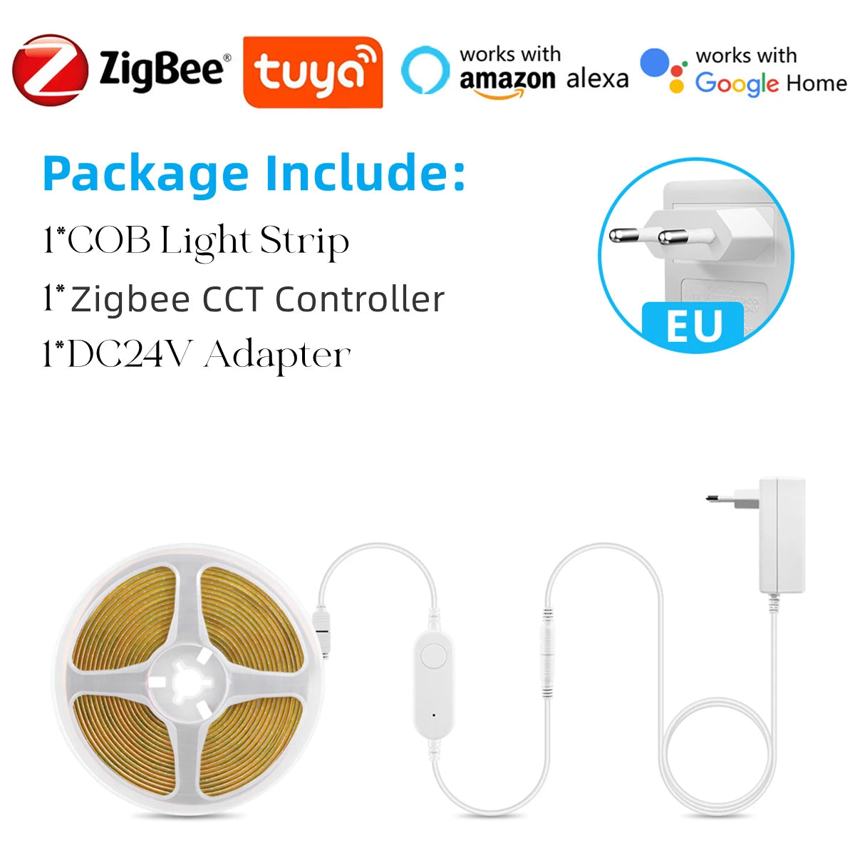 Zigbee COB LED Strip Light 24V Dimmable Color Temperature 2700K-6500K Change Cabinet Backlight Tape Works with Tuya Alexa Google Oasis Select European Power Plug 2700K To 6500K 3m