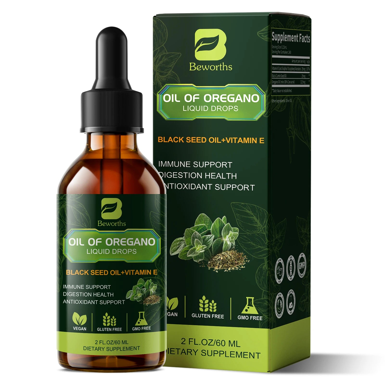 BEWORTHS Oregano Oil Drop with Black Seed Oil, Vitamin E for Immune,Antioxidant,Gut Detox Cleanser Support Non-GMO,Vegan Oasis Select 60ml 2bottles United States