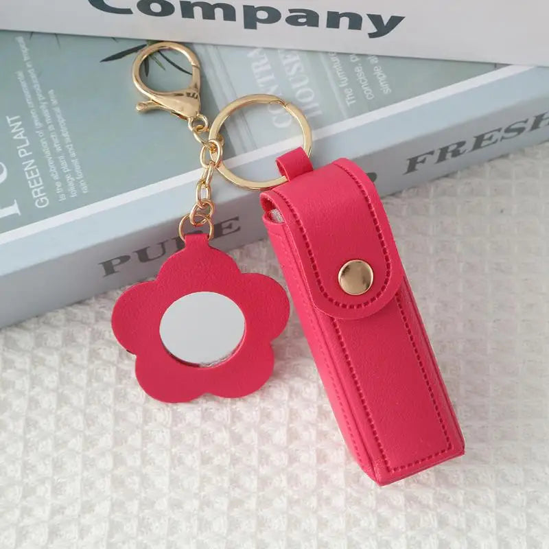 PU Leather Lipstick Holder Keychain with Flower Mirror