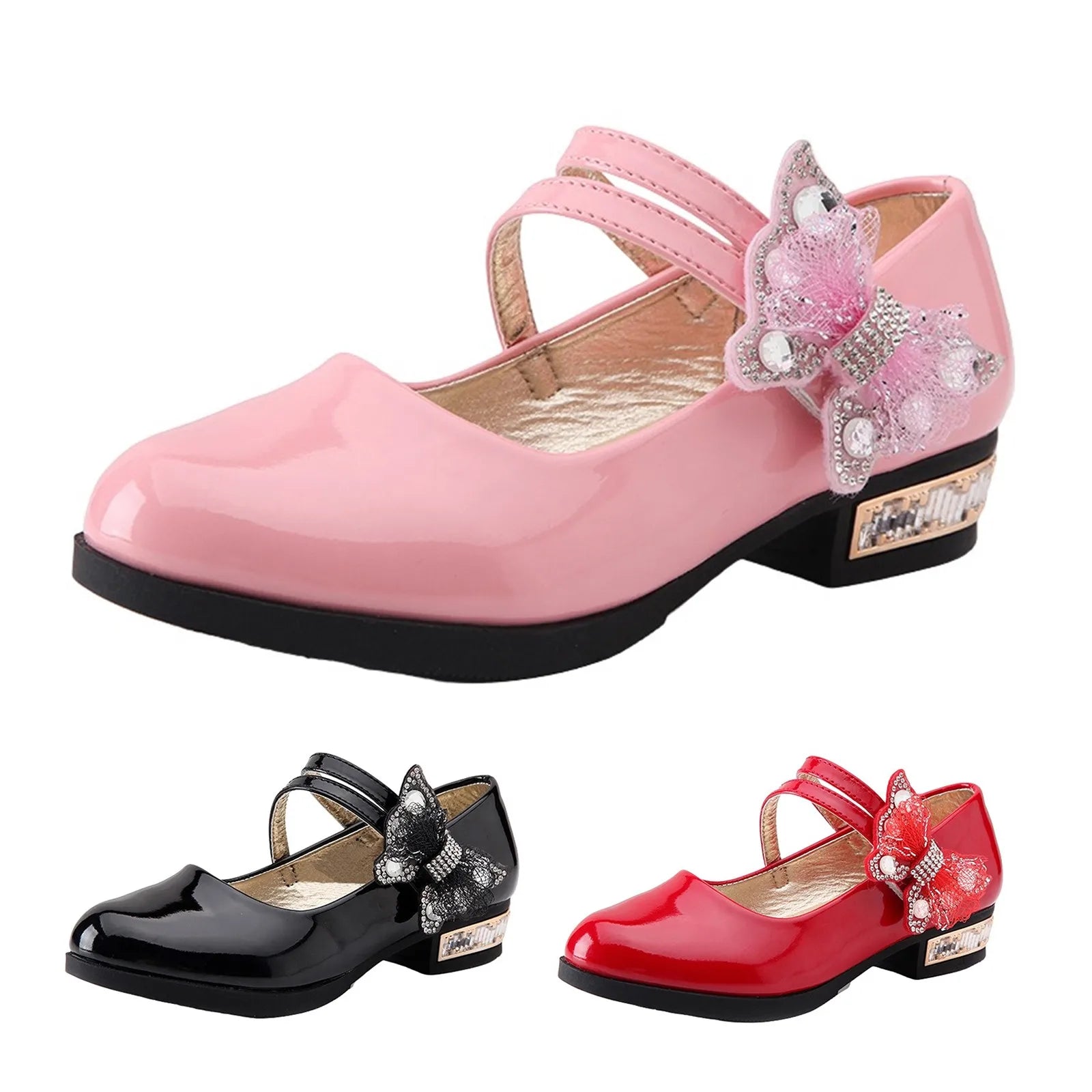 Girls Leather Shoes for Party Wedding Kids Performance Shoes with Butterfly-knot Fashion Children High Heels Rhinestone Shoes Oasis Select