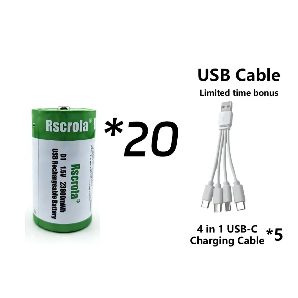 1.5V 23800mWh D Cell Batteries Rechargeable D Batteries with Charger Cable for Gas Cooker Water Heater Flashlight Radio Tool Toy Oasis Select 20P D1 Battery 1.5V