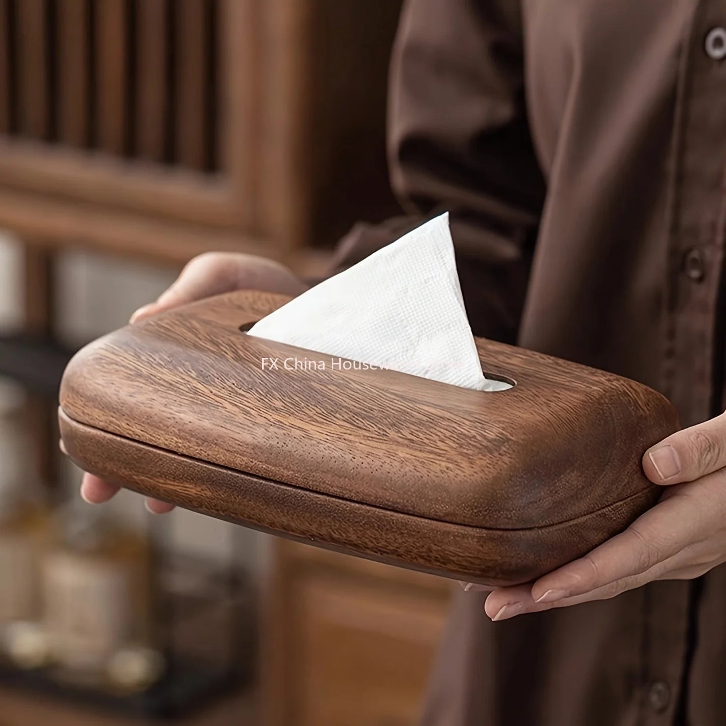 Walnut Wood Tissue Box Cover Holder, Modern Rectangular Design with Removable Lid, Minimalist Home Decor for Tabletop, Bathroom Oasis Select