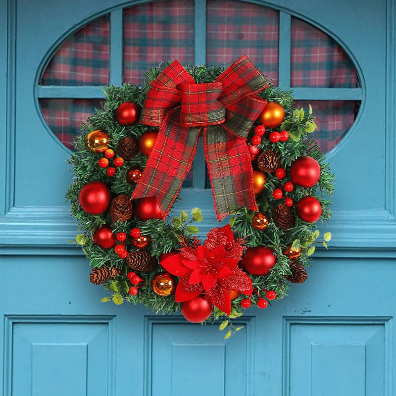 Christmas Pinecone Wreath with Bell Door Hanging Heart Shaped Vine Wreath with Linen Bow for Home Christmas Decoration Oasis Select