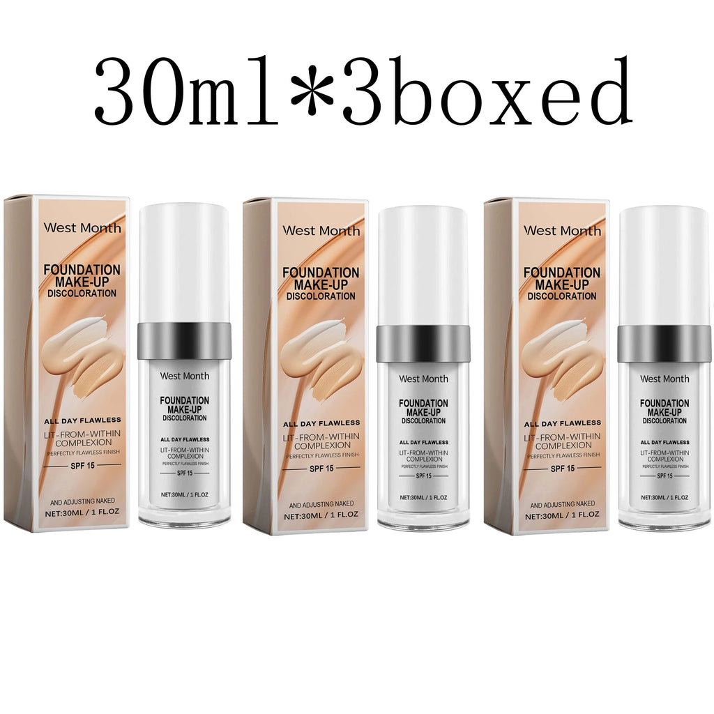 West Month Color Changing Foundation Long Lasting Waterproof Oil Control Matte Finish Makeup Foundation Full Coverage Concealer Oasis Select 30ml boxed X 3pcs