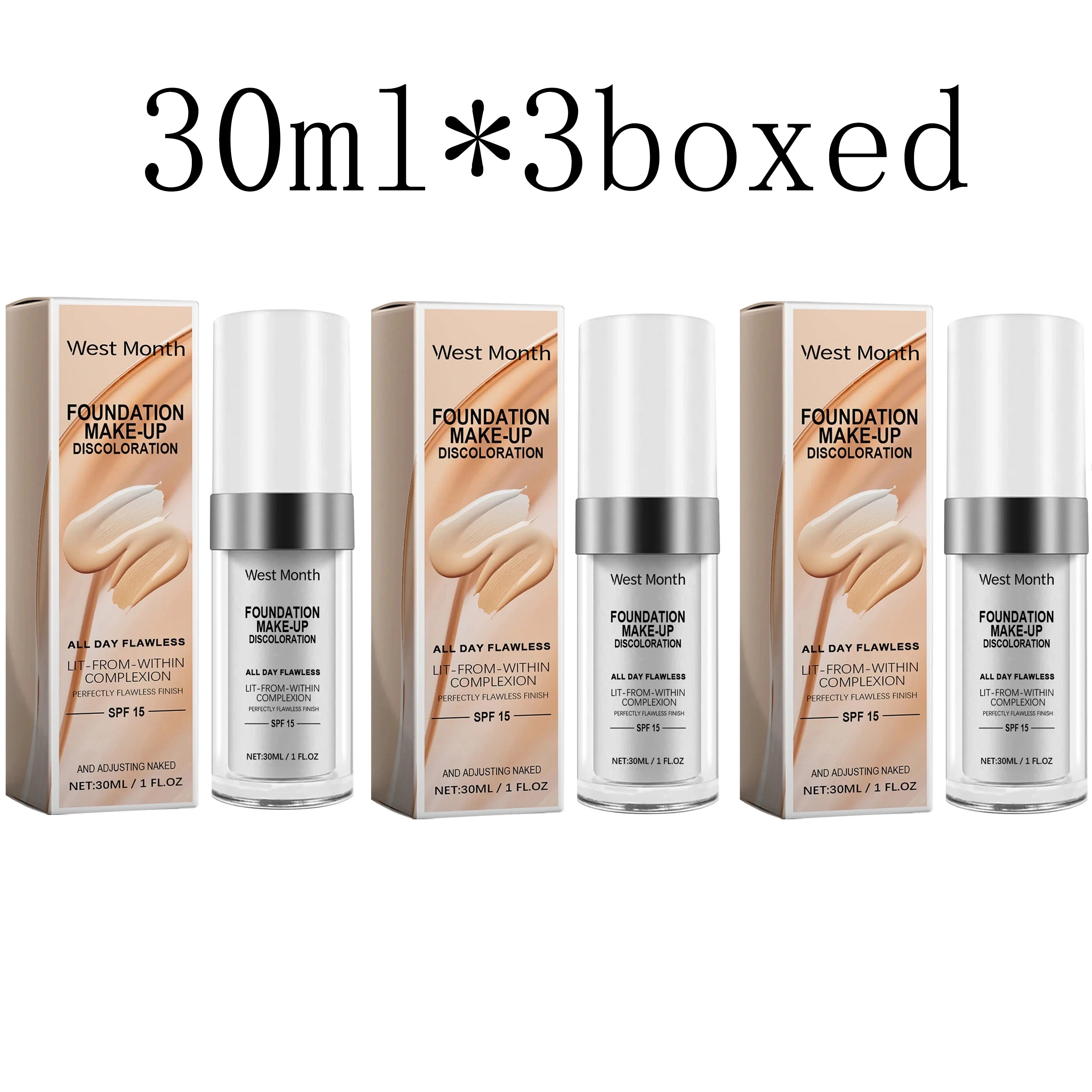 West Month Color Changing Foundation Long Lasting Waterproof Oil Control Matte Finish Makeup Foundation Full Coverage Concealer Oasis Select 30ml boxed X 3pcs