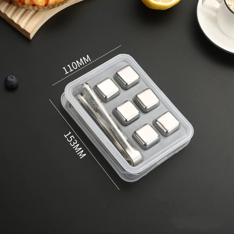 Chilling Rock Reusable Chilling Stones 4/6/8 Pcs Stainless Steel Ice Cubes Set Wine Cooling Cube Party Bar Kitchen Tool Oasis Select 6 Pcs with Tong