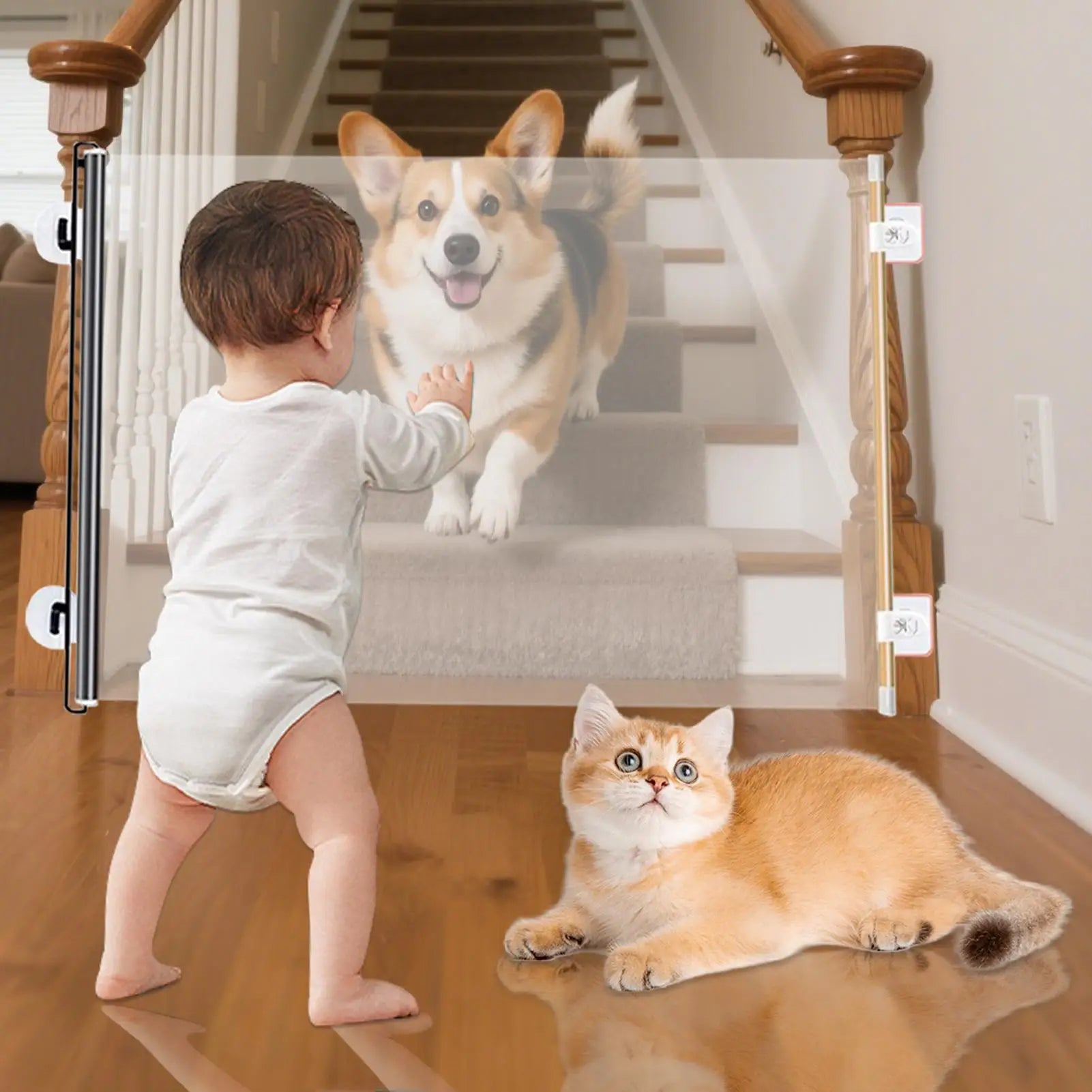 Retractable Pet Gate Adjustable Mesh Dog Gate Retractable Expandable Folding Barrier Divider Blocker Screen for Indoor Outdoor Oasis Select