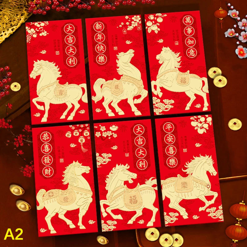 6Pcs/set Chinese New Year Money Envelope Horse Year Red Envelope Red Pocket Spring Festival Envelope Oasis Select A2