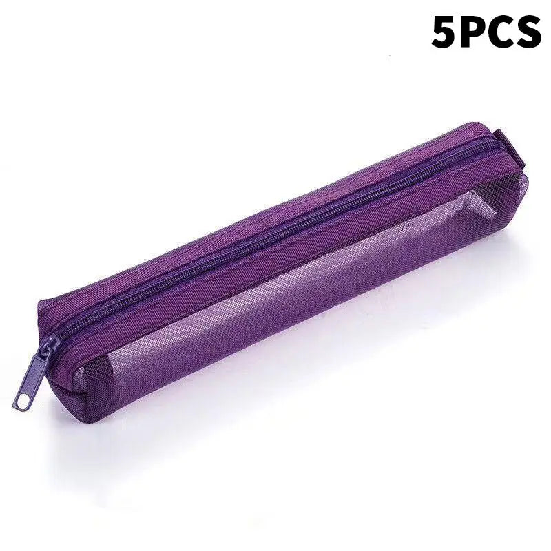 1/5Pcs Mesh Pencil Case Portable Zipper Pouch Stationery Organizer Students Exams Pencil Case School Stationery Supplies Oasis Select 5PCS Purple