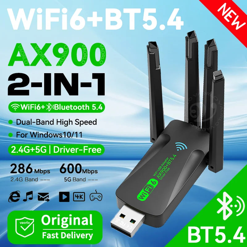 AX900 WIFI6 Bluetooth 5.4 USB Wireless Adapter 2.4G/5Ghz 900Mbps Dual Band 4-Antennas WiFi Network Card Dongle Only For WIN10/11 Oasis Select