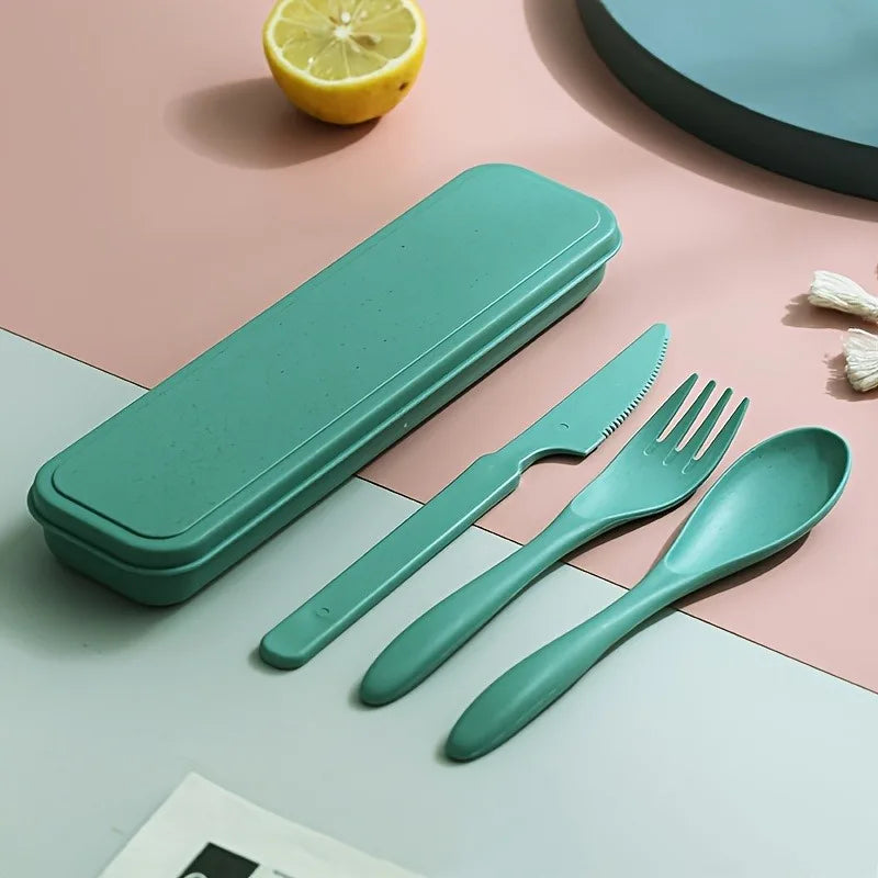 3In1 Portable Cutlery Set Reusable Home Travel Utensil Set Fork Spoon Knife with Box Dinnerware Set Picnic Camping Tableware Oasis Select Deep Green
