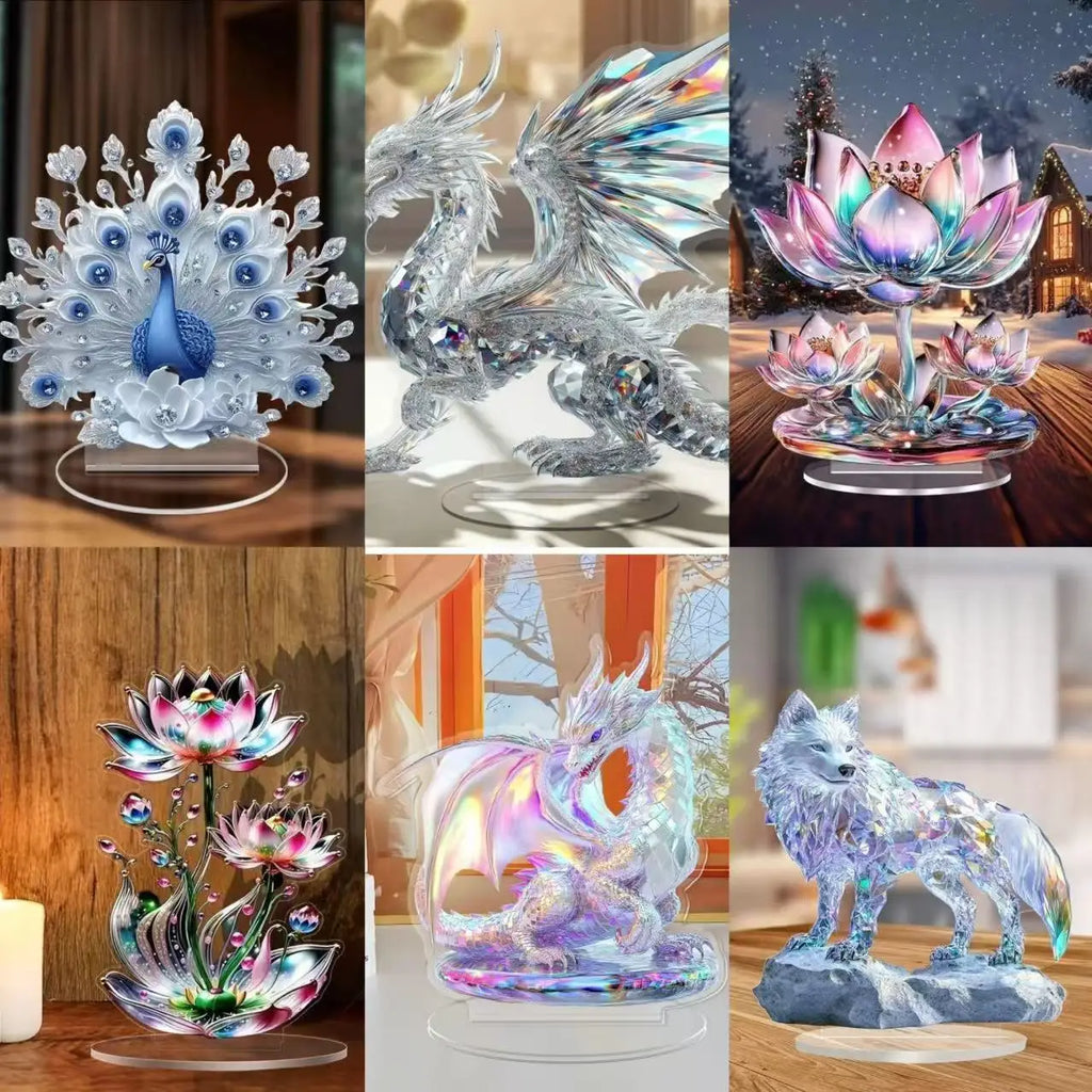 Acrylic White Crystal Dragon Statue 2D Flat Cool Figurine Home Office Cafe Room Studio Display Case Table Ornament Decor Gift Oasis Select