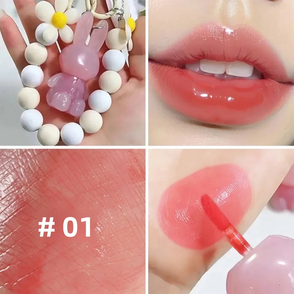 Moisturizing Lip Gloss Cute Rabbit Hand Bracelet Keychain Waterproof Long Lasting Mirror Glaze Non Stick Oasis Select