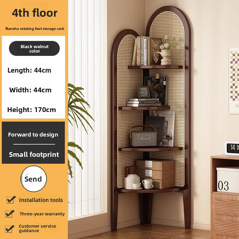 Chinese retro rattan corner decoration shelf, living room sofa wall edge book cabinet, bedroom solid wood triple crutch screen Oasis Select