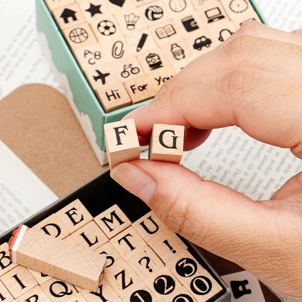 42-Piece Beech Wood Stamp Set – Letters, Numbers & Symbols