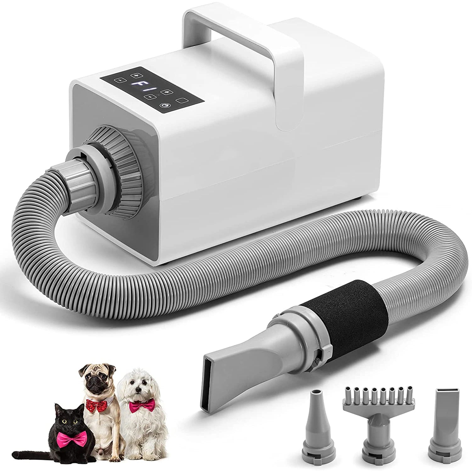 Lonic High Velocity Pet Hair Dryer 4.3HP Adjustable Heating Speed Dog Cat Blower LCD Digital Display Touch Control 4 Nozzles Oasis Select LCD Digital Display