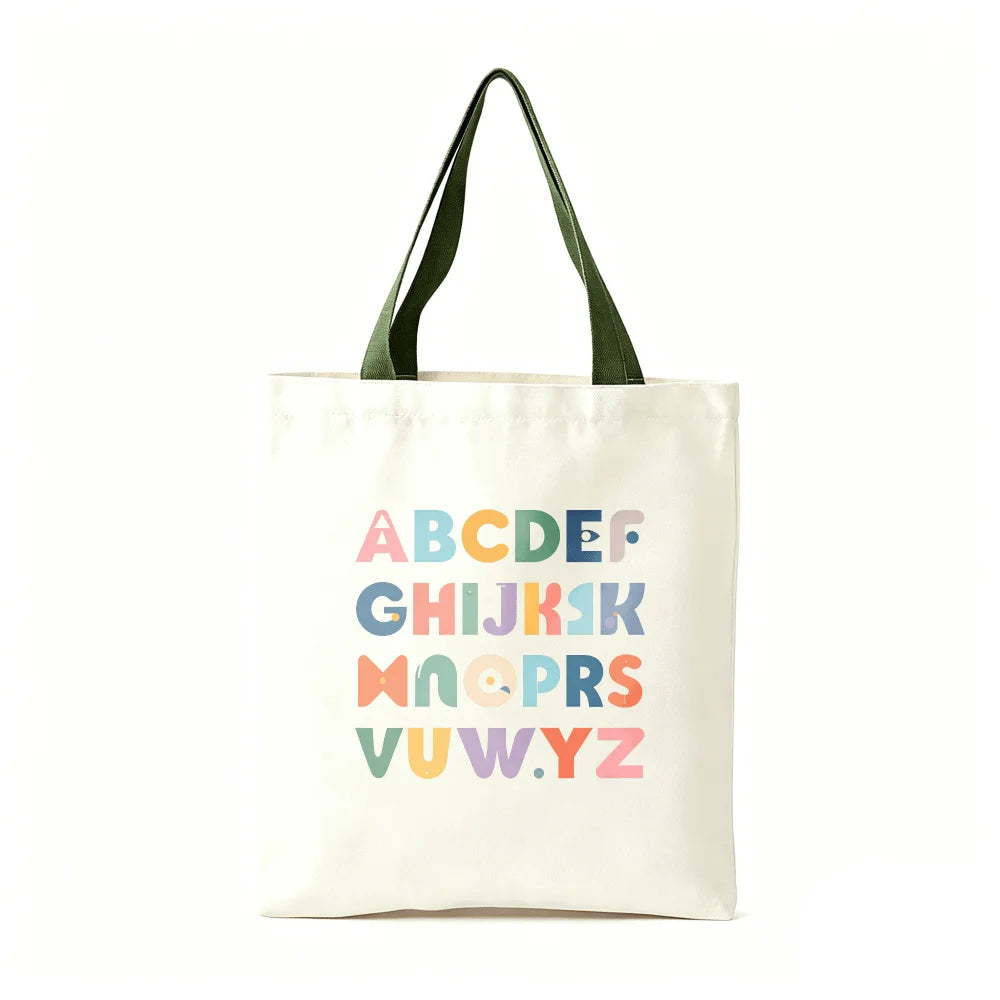 Colorful ABC Alphabet Canvas Tote Bag Large Capacity Eco Reusable Shopping Shoulder Bag Women Teacher Student School Handbags Oasis Select Army green