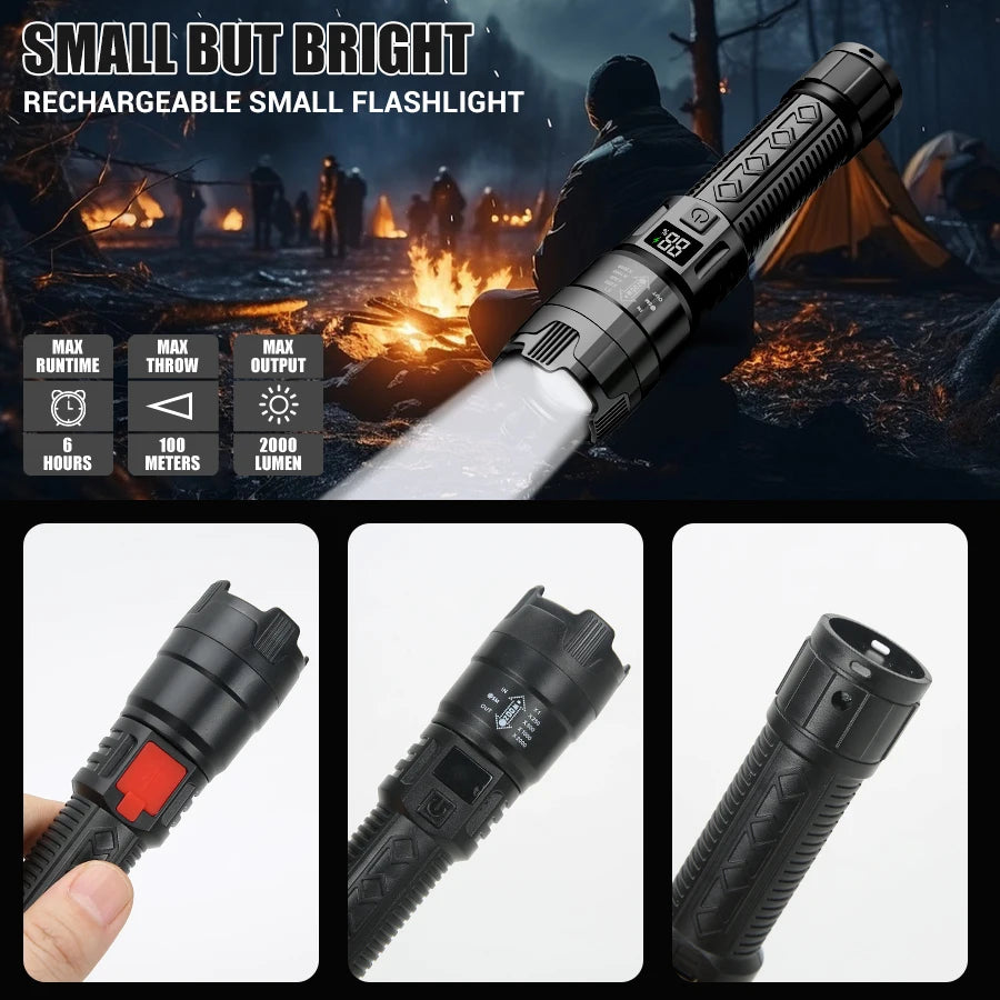 High Power LED Flashlight with Battery Display USB Rechargeable Light Telescopic Zoom Torch Lamp Outdoor Camping Fishing Lantern Oasis Select