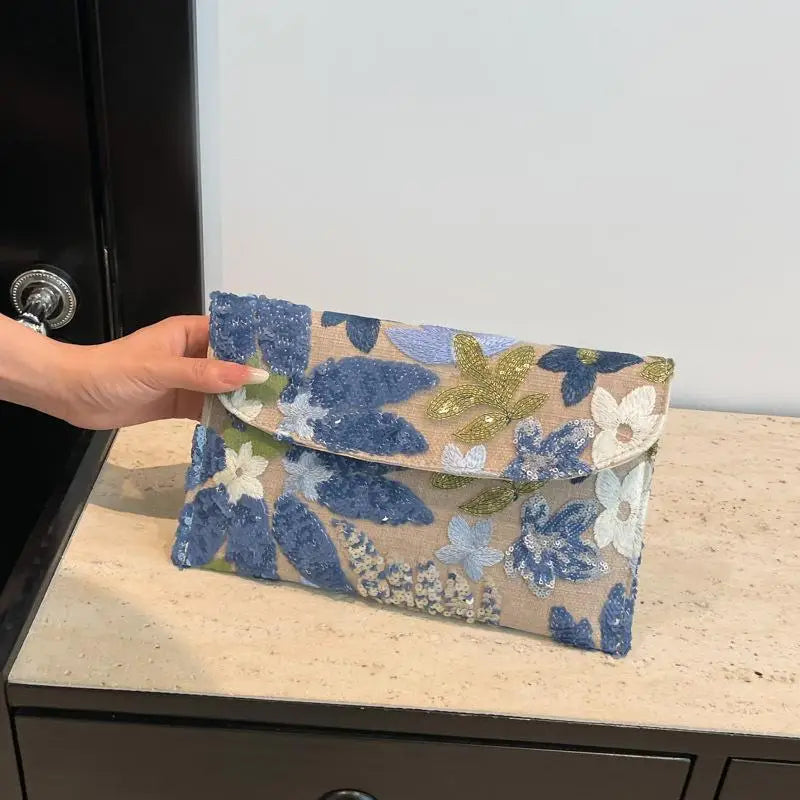 Sequin Floral Embroidery Evening Clutch Bag | Glitter Party Purse