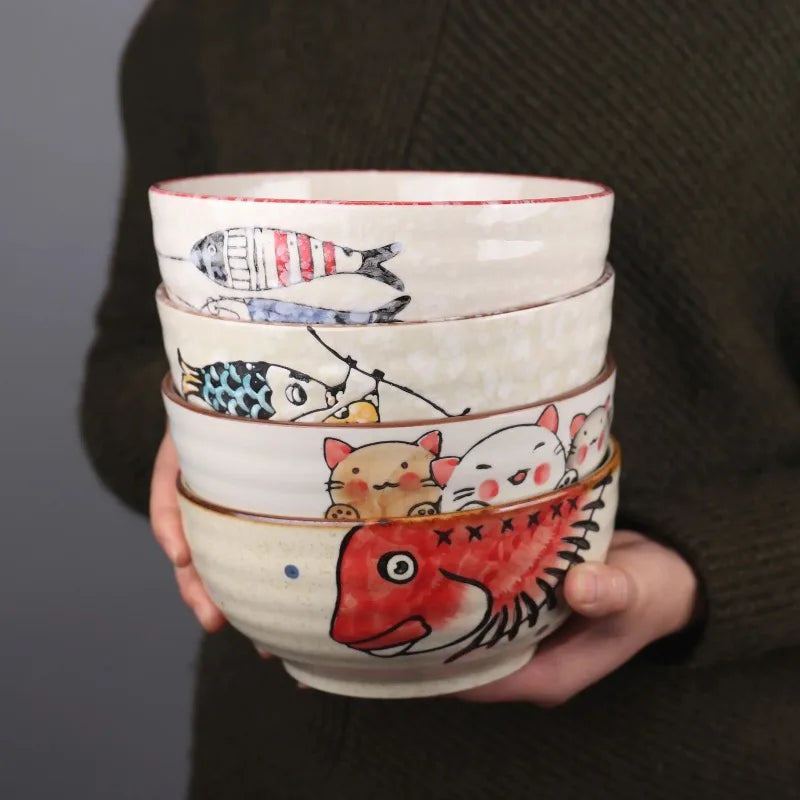 Japanese-style Cartoon Cat Fish Printed Rice Bowls Hand Drawn Animal Pattern Tableware Food Container For Home Daily Dining Oasis Select