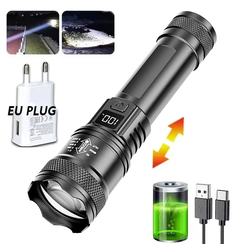 High-power Led Flashlight USB Rechargeable Torch with Display Zoomable Light with Battery Camping Hiking Lantern Emergency Lamp Oasis Select with EU Plug