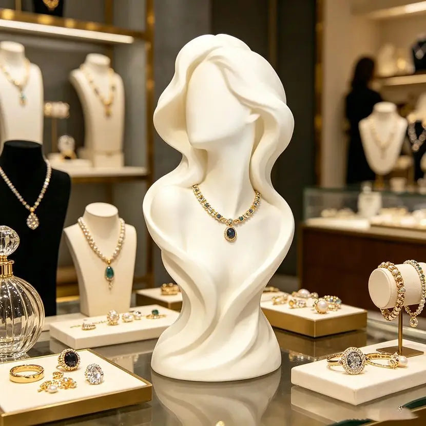 Elegant Wavy Hair Female Bust Statue Jewelry Holders Desk Ornaments Minimalist Necklace Display Mannequin Home Decorations Gifts Oasis Select