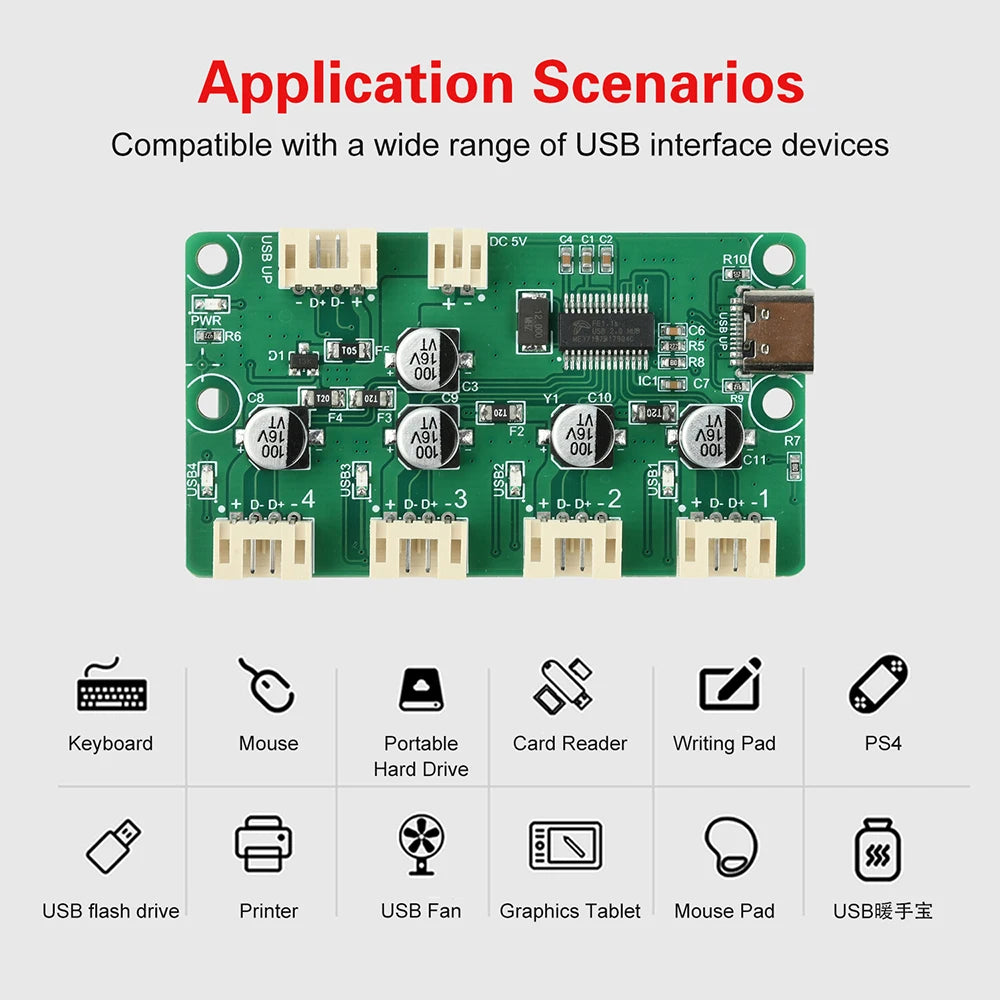 1 to 4 Port HUB Module USB 2.0 Free Drive USB Splitter Electronic Development Expansion Board XH2.54 PH2.0 DC 5V Oasis Select