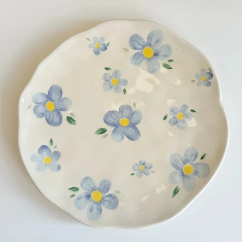 Ceramic Plate Flower Pattern Coffee Mug Set Painted Cute Girl Hand-painted Underglaze Color Gift Saucers for Festivel Present Oasis Select Blue-small-plate 210-300ml