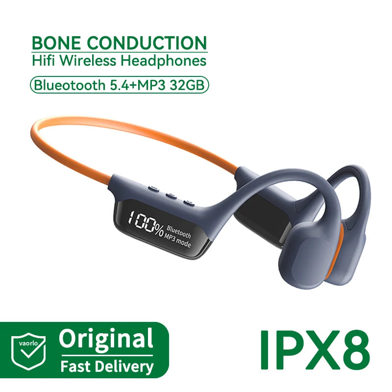 #IPX8 Waterproof Bone Conduction Wireless Headphone Bluetooth 5.4+32GB RAM MP3 Player HIFI Music Sport Swimming Headset With Mic Oasis Select OrangeBlue