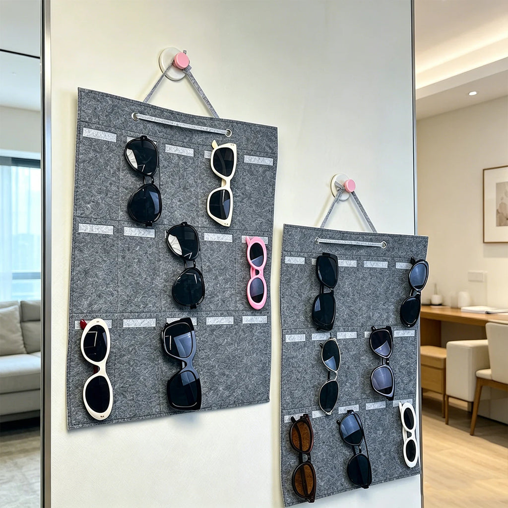 1pc foldable portable gray felt glasses storage bag saves space 15 vertical independent pockets and a mesh glasses display bag Oasis Select