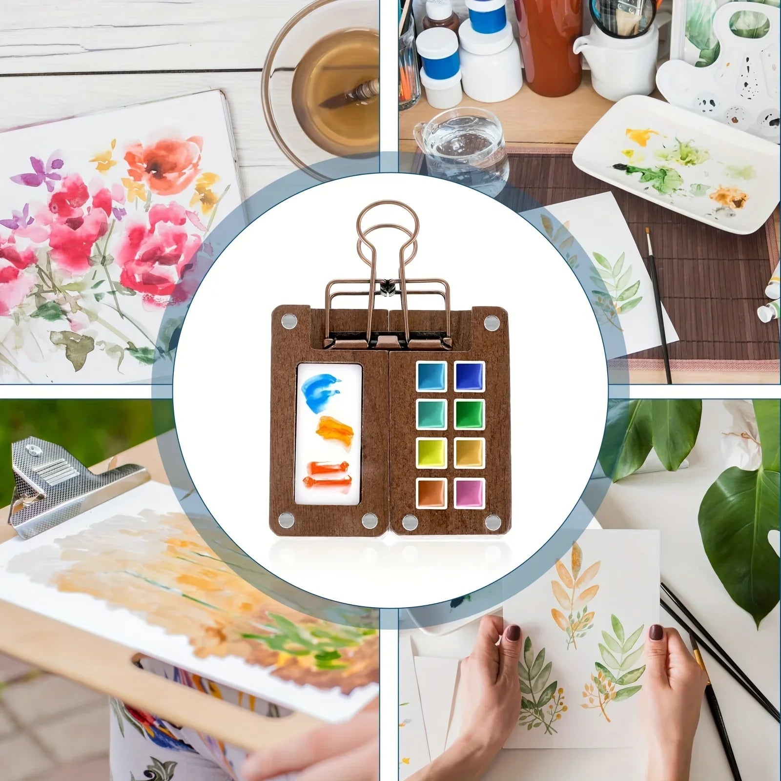 8/15 grids, mini wooden watercolor palette set, including clips, brushes, portable palette, no drawing books, paints Oasis Select