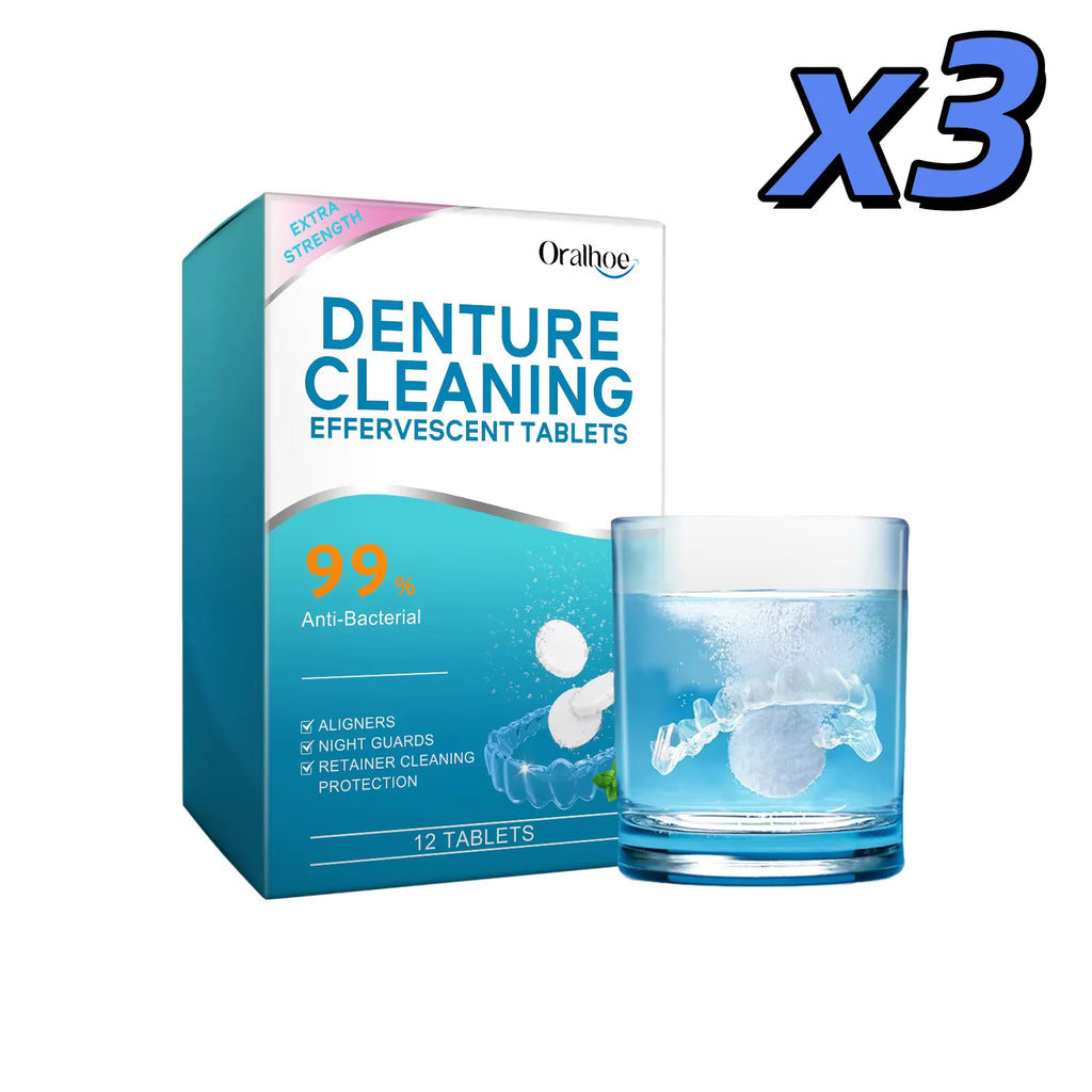 Denture Cleaning Tablets Whitening Removing Stains Plaque Fresh Breath Antibacterial Portable False Teeth Effervescent Pills Oasis Select 3pcs x 12 TABLETS