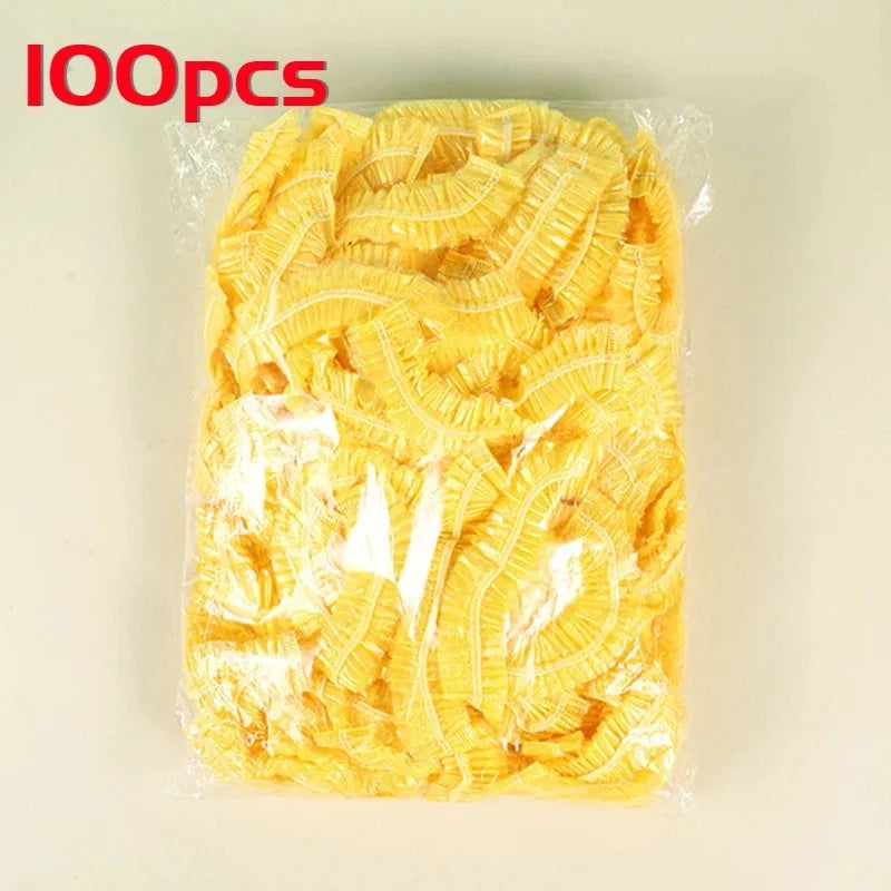 Women's Disposable Shower Cap, Plastic Waterproof Head Cover, Pink Spa Salon, Hotel Hair Dye, Elastic Hair Cap, 100 Pieces/set Oasis Select Yellow