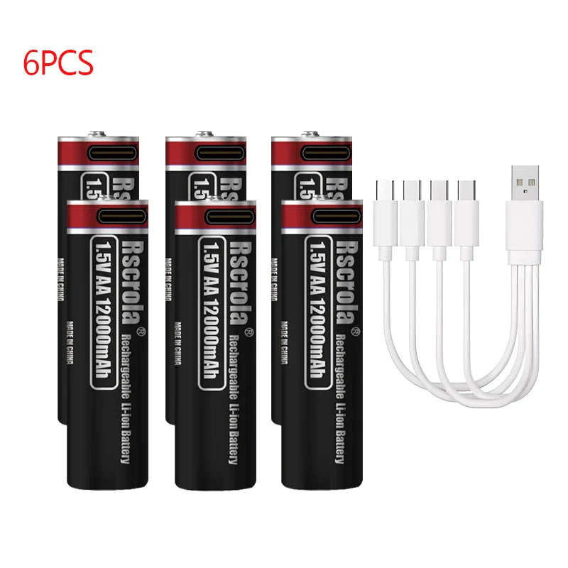 1.5V AA Rechargeable Lithium Battery 12000mAh with Type-C Cable, Stable Output for Camera, Mouse, Toys, Flashlight Oasis Select 6 PCS AA Batteries