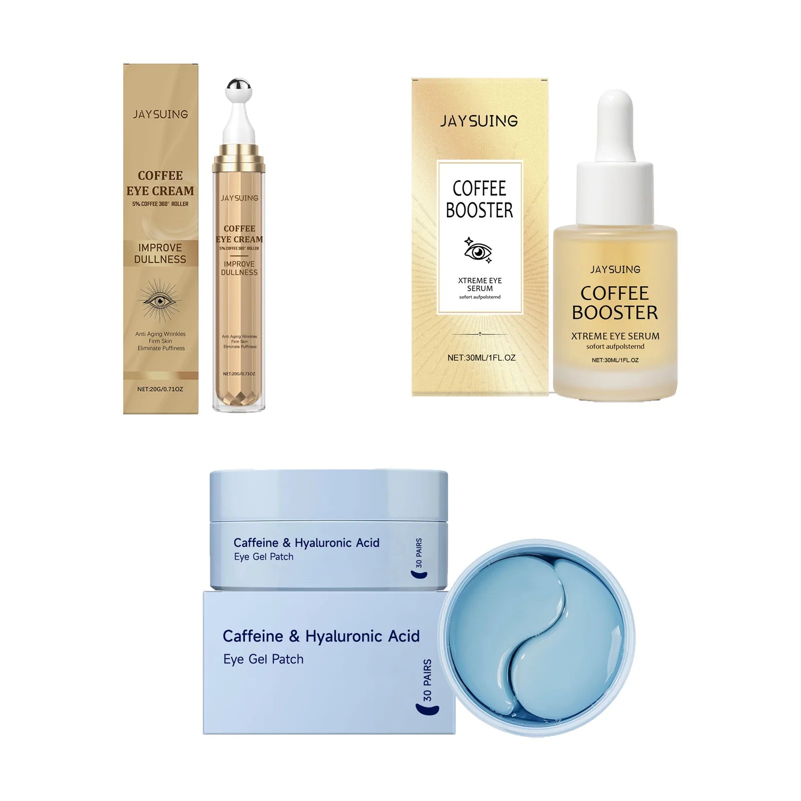 Coffee Eye Cream Roller, Eye Mask & Serum – Dark Circles Eye Care Set Oasis Select 3 IN 1