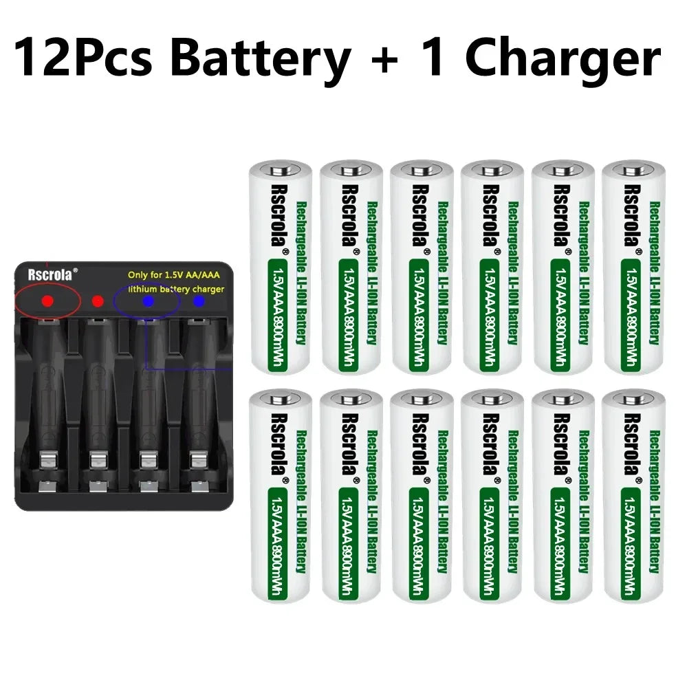 1.5V AAA8900mWh rechargeable battery New AAA lithium battery long life for Mouse Flashlight Fan Game Machine electric toy Oasis Select 12P AAA and 1Charger 1.5V