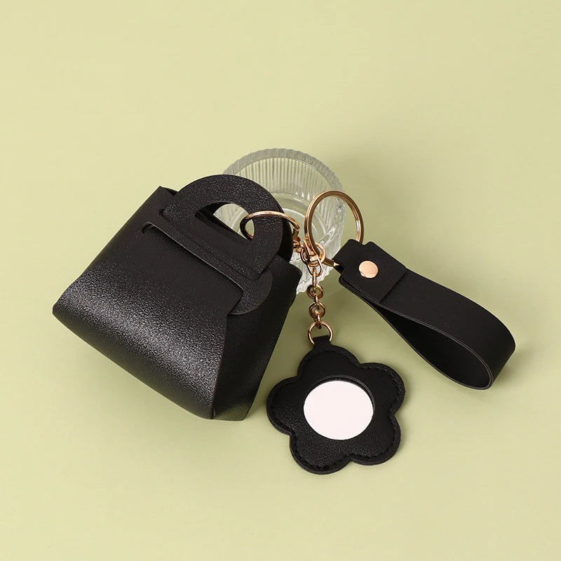 Creative Pu Leather Women Clutch Bag Shaped Keychain With Mirror Mini Earphone Key Bag Pendant Cute Coin Purse Pendant Gifts Oasis Select Black