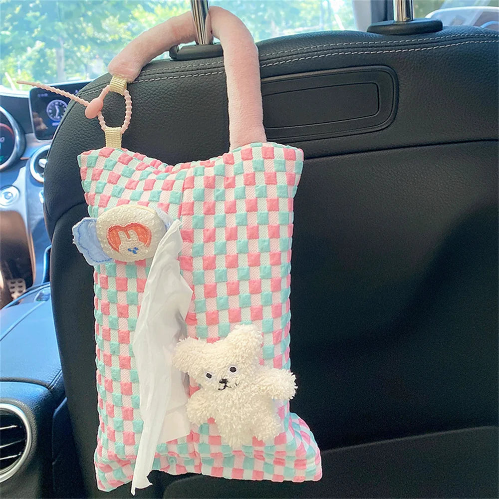 Pink Plaid Fabric Tissue Box Portable Hanging Tissue Case Living Room Container Home Car Towel Napkin Holder Home Decoration Oasis Select Pink 2