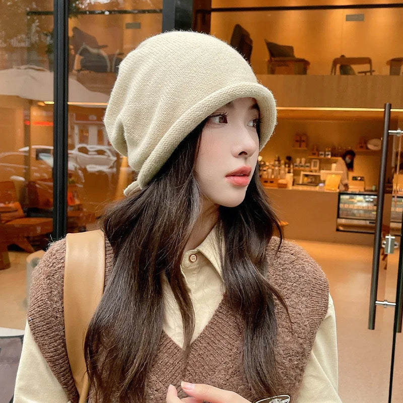 Knitted Bonnet Hoods Female Winter Warm Baggy Slouchy Beanies Hat Women Fashion Drawstring Pullover Cold Hats for Ladies Winter Oasis Select