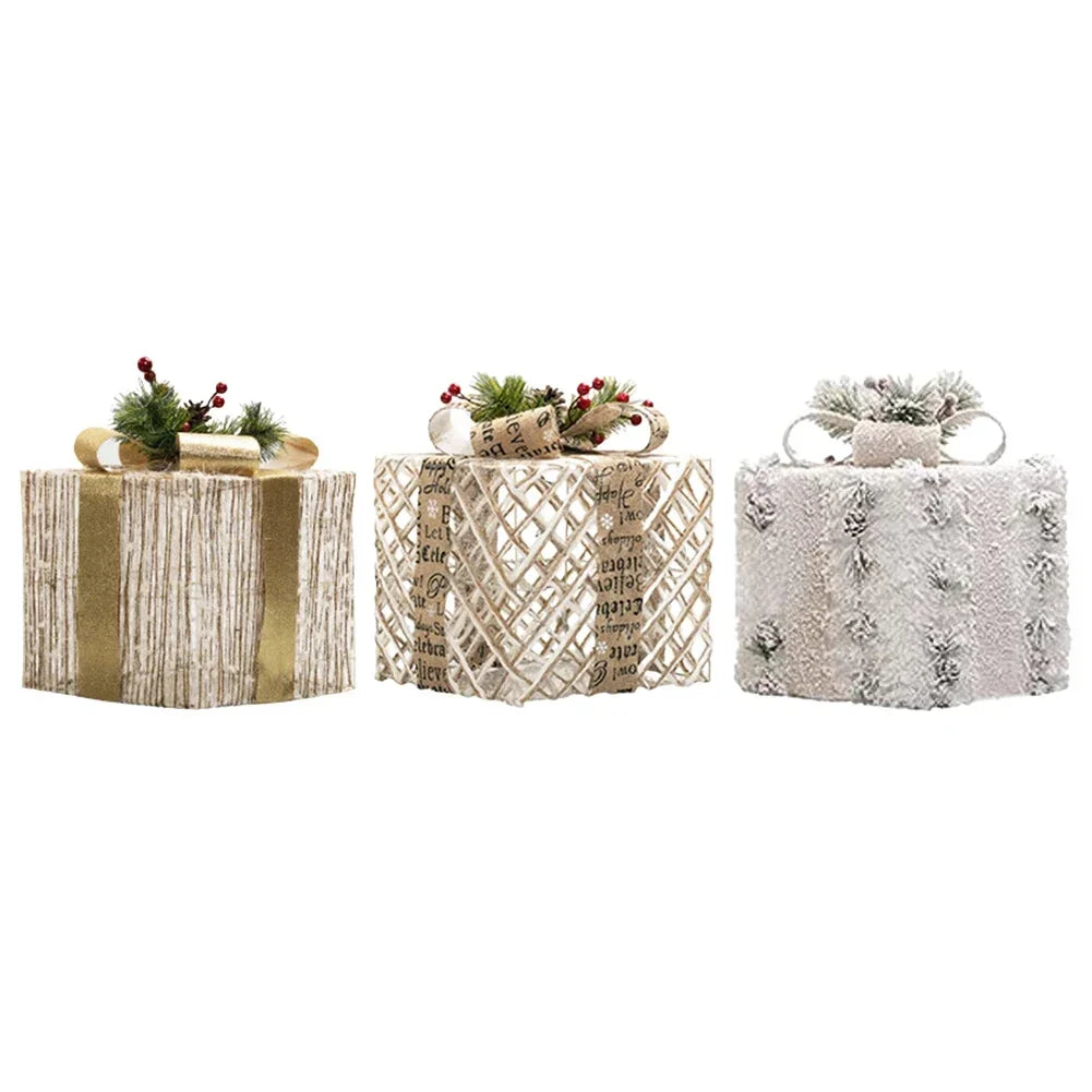 3 Piece Plush Christmas Light Up Boxes Set Featuring Metal Frame Silver Wire Wrap and Timer Function for Seasonal Use Oasis Select