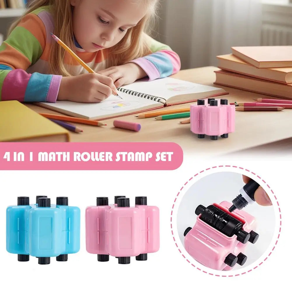 Math Roller Stamp Set 4 in 1 Math Practice Stamp Addition Subtraction Multiplication Division Randomized Stamp for Preschool Oasis Select
