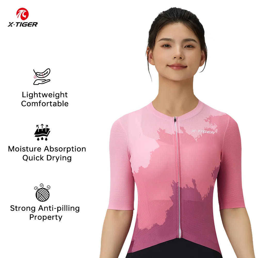 X-TIGER Cycling Jerseys Woman Outdoor Cycling Breathable Quick-drying Short Sleeve Pro High Elastic Fabric Bicycle Shirt Fashion Oasis Select