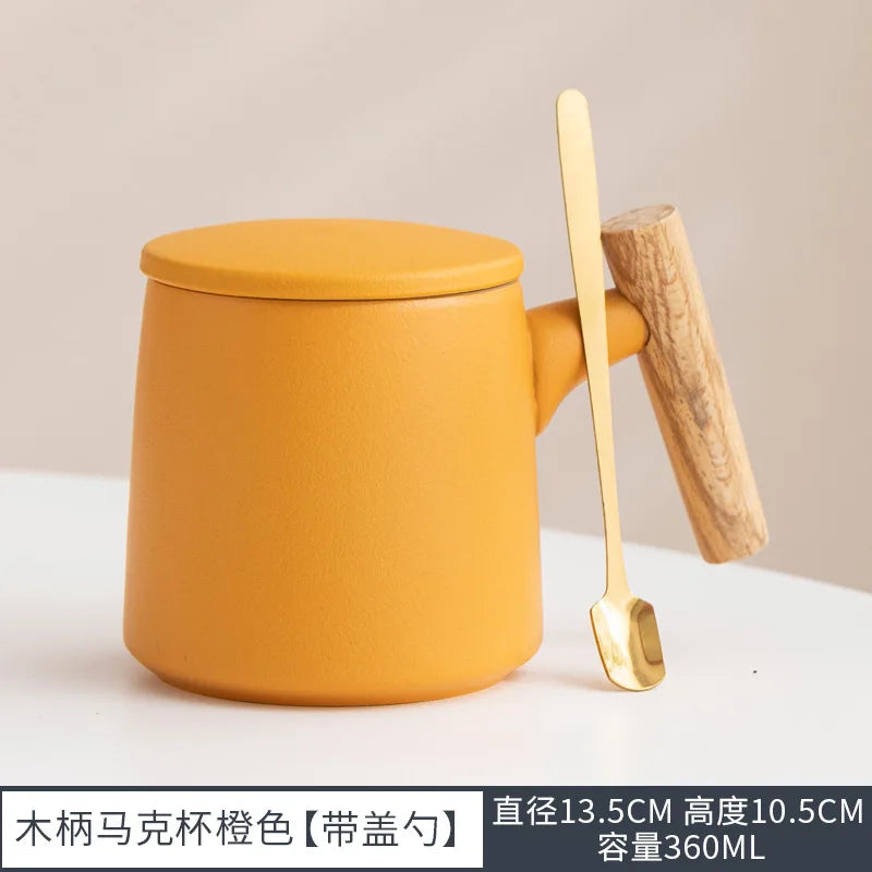 Office Wooden Handle Mug Japanese-style Ceramic Office Tea Cup Frosted Water Cup Three-piece Set with Lid Filter Mug Coffee Mug Oasis Select Orange 301-400ml