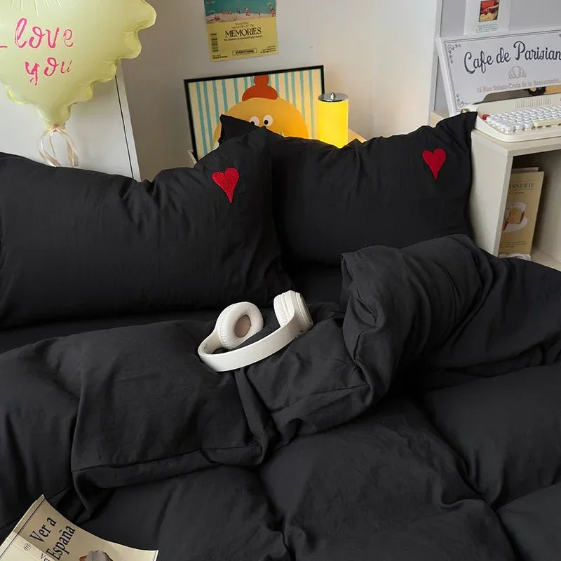 Washed Cotton Bedding Set Super Soft Cool Black Duvet Cover Set Heart-shaped Towel Bedding Skin Friendly Duvet Covers Bed Sheets Oasis Select