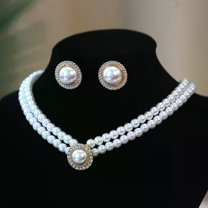 3pcs Fashion Double Layer Pearl Pendant Necklace Earrings Jewelry Set Ladies Banquet Wedding Jewelry Accessories Gift Oasis Select