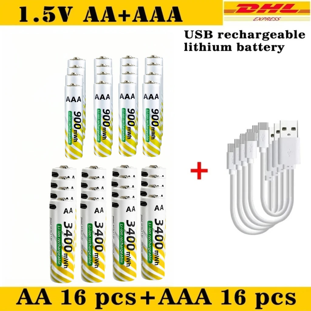Li-ion AAA and AA Rechargeable Batteries USB Lithium-ion 3400mWh 1.5V AA Rechargeable Batteries+900mWh 1.5V AAA Battery Oasis Select AA 16pcs AAA 16pcs