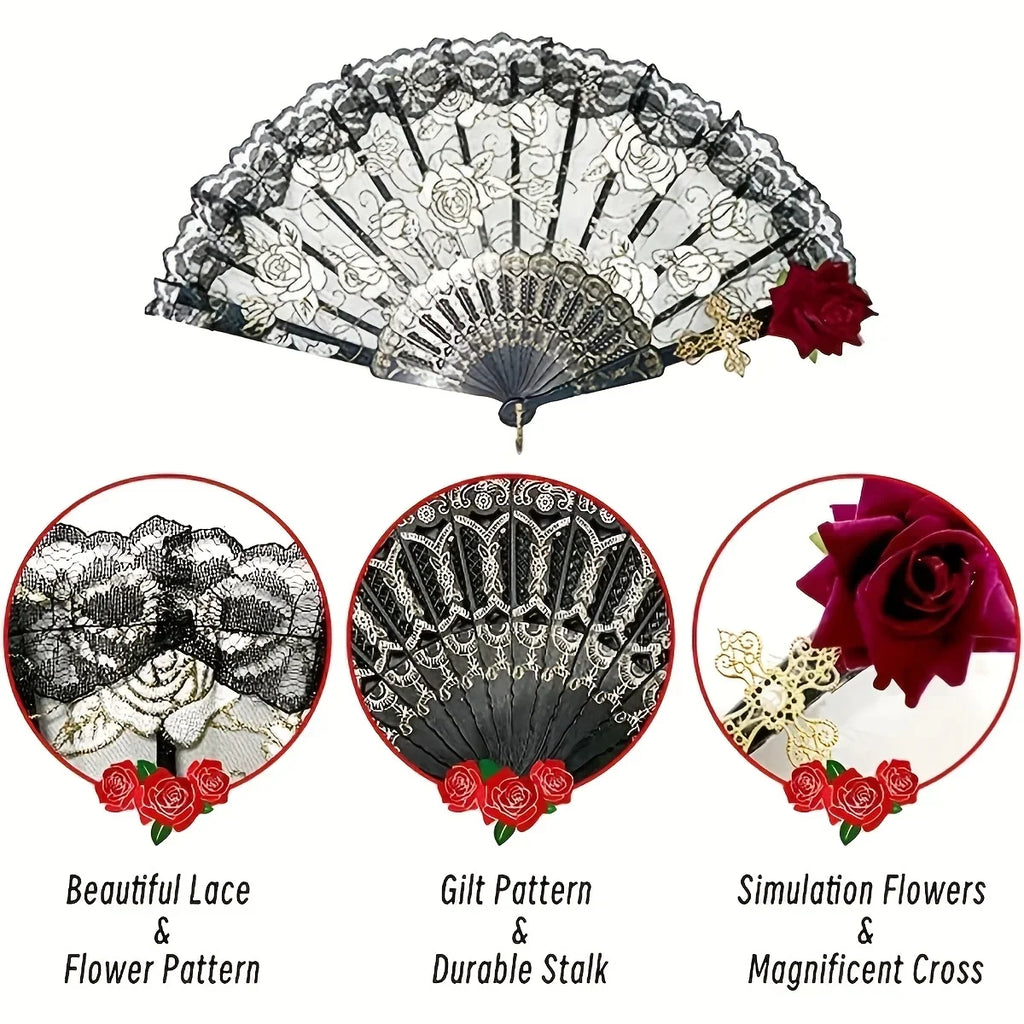 Dance Fan Ornament Ladies Lace Hand Fan Black White Cloth Folding Fans Spanish Hand for Wedding Party Favor Accessories Oasis Select